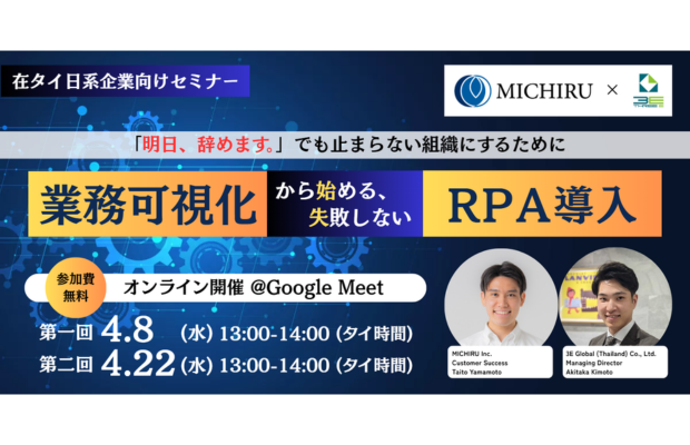 【参加無料】【4/8・4/23 WEB開催】業務可視化から始める！失敗しないRPA導入セミナー　”明日辞めます” でも止まらない組織にするために　 (MICHIRU × 3E)